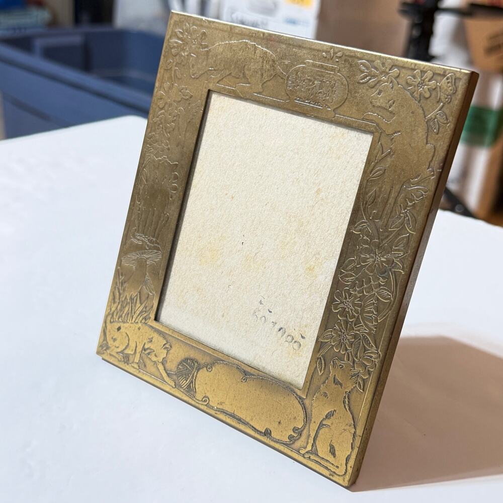 Vintage M.W. Carr Brass Cat Picture Frame 5x6 Embossed Mushroom Hummingbird Fish